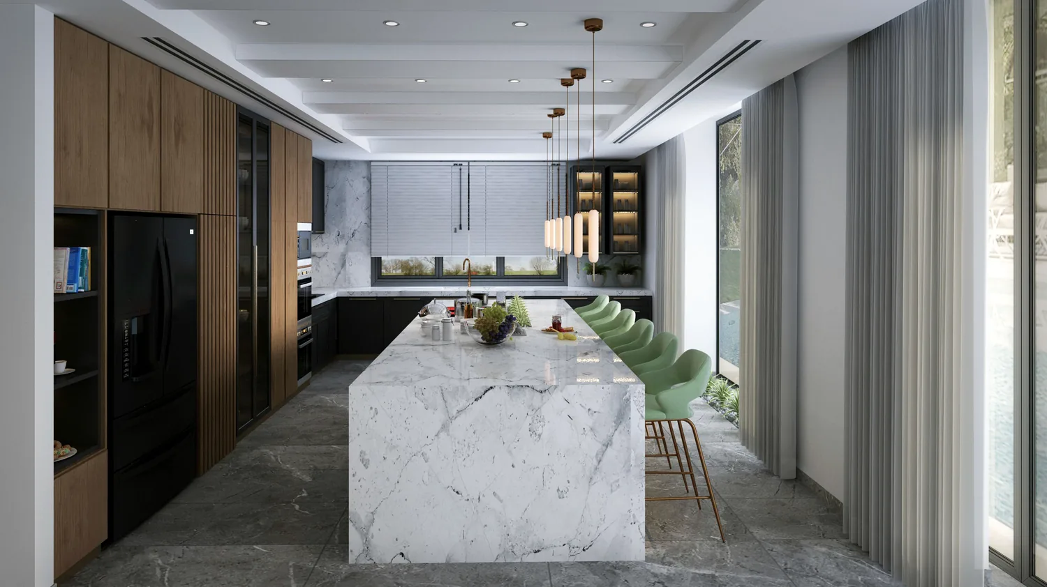 Moderne keuken met een royaal marmeren kookeiland